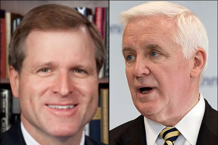 Gov. Corbett (right) has hired John McConnell (left), who crafted some of President George W. Bush's most memorable remarks, to help write the budget address Corbett will deliver Tuesday.