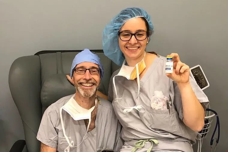 Kathleen Ackert, a 3rd year medical student at the Philadelphia College of Osteopathic Medicine, with her dad, an anesthesiologist at Northwell in Manhasset, NY. Like father, like daughter when it comes to both careers and penmanship, she writes.