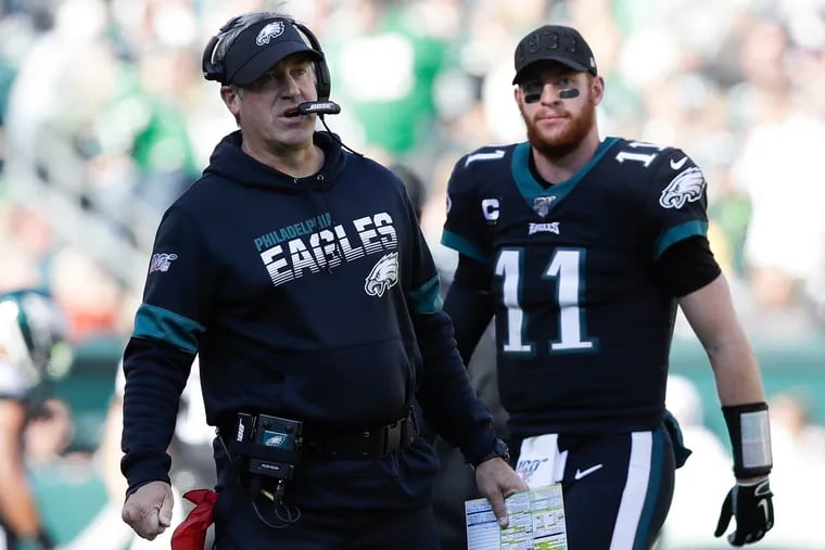 Doug Pederson and Carson Wentz, shown during their Game Nine win over the Chicago Bears, are the biggest reasons why the Eagles could find themselves celebrating in January.