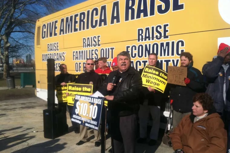 AFL-CIO president Richard Trumka speaks at a rally near the Art Museum in support of raising the minimum wage. In New Jersey, a group launched a website arguing against a higher wage.