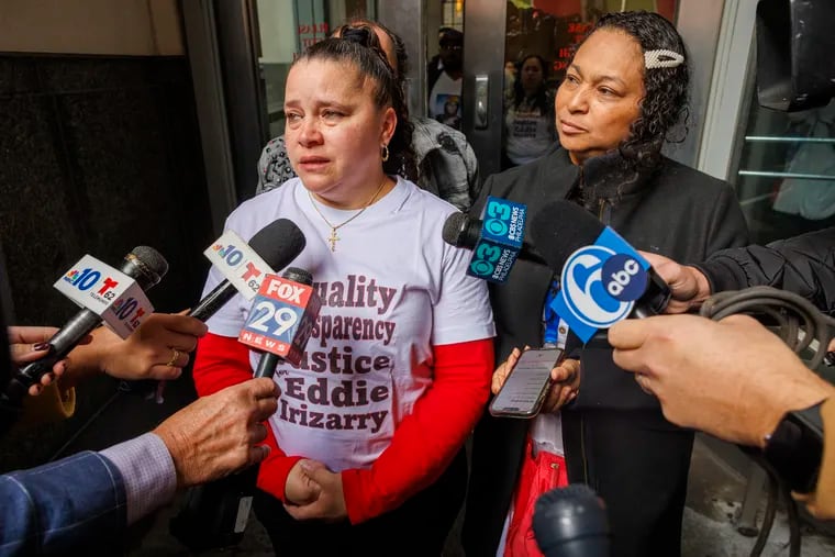 Eddie Irizarry's aunt, Ana Cintron, making a statement on behalf of the family after leaving the Juanita Kidd Stout Center for Criminal Justice on Wednesday, when criminal charges against former Philadelphia Police Officer Mark Dial were reinstated by a Common Pleas Court judge.