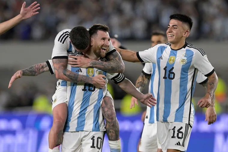 Lionel Messi (10) will see Argentina World Cup-winning teammate Thiago Almada (16) in MLS this year, but he is unlikely to play against the Union.