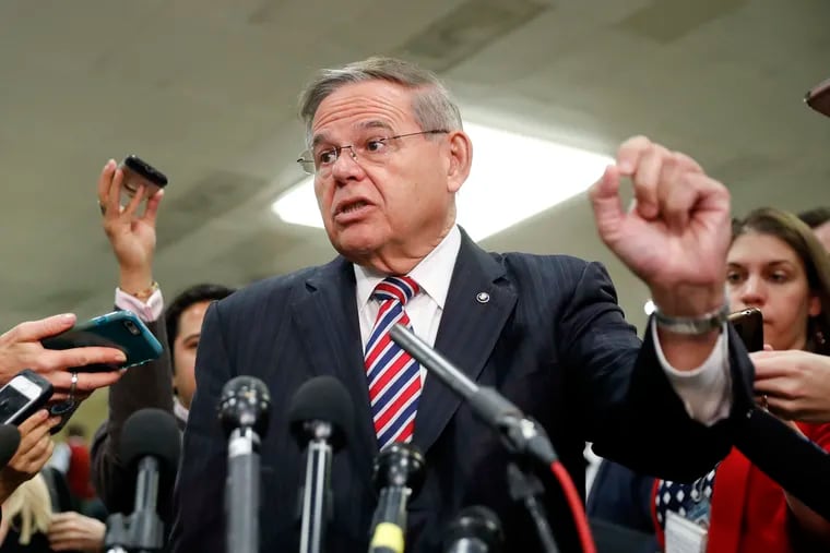 Sen. Bob Menendez, D-N.J., speaks to reporters after leaving a closed door meeting about Saudi Arabia with Secretary of State Mike Pompeo on Wednesday.