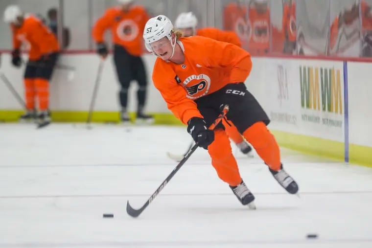 Flyers right winger Wade Allison skates with the puck during training camp. He made his NHL debut Thursday in Pittsburgh.
