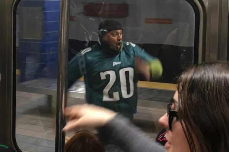 Transit Police Chief Tom Nestel said this yet-to-be-identified Eagles fan is OK after running at full speed into a concrete pole while chasing after a SEPTA car.