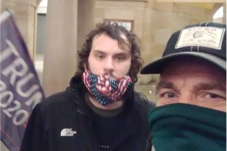 Carson Lucard (center), of Norristown, is seen in this selfie taken by Brian Stenz (right), of East Norriton, as the pair breached the U.S. Capitol during the Jan. 6, 2021, insurrection.