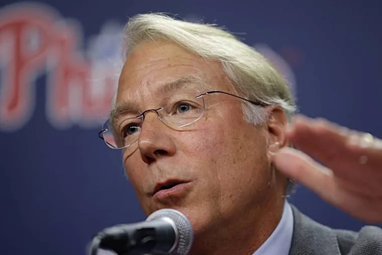 Veteran baseball executive Andy MacPhail speaks at a news conference before a baseball game between the Philadelphia Phillies and the Milwaukee Brewers, Monday, June 29, 2015, in Philadelphia. The Phillies hired MacPhail to serve as a special assistant to team president Pat Gillick for the rest of this season, then take over as team president once the season is finished. (AP Photo/Matt Slocum)