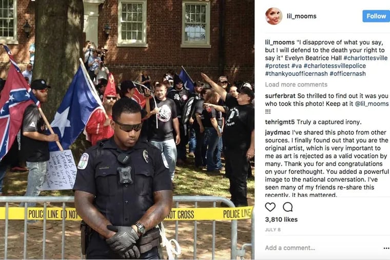 A photo taken by a woman with Philadelphia-area ties in July went viral after violence at a similar rally rocked Charlottesville, Va., last weekend.