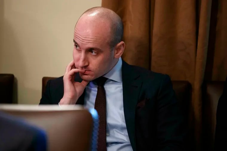 FILE- In this Jan. 2, 2019, file photo White House senior adviser Stephen Miller listens as President Donald Trump speaks during a cabinet meeting at the White House in Washington. Miller indicated Sunday, Feb. 17, on "Fox News Sunday" that Trump is prepared to issue the first veto of his term if Congress votes to disapprove of his declaration of a national emergency along the U.S.-Mexico border.