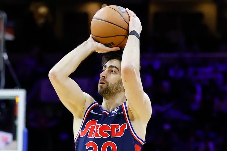 Sixers guard Furkan Korkmaz shoots the basketball against the LA Clippers in January in Philadelphia.
