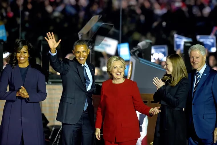 Michelle and President Obama with Democratic nominee Hillary Clinton and President Bill Clinton with their daughter, Chelsea at an election eve rally on Independence Mall November 7, 2016.