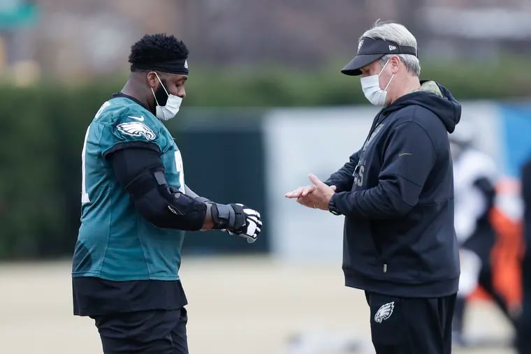 Both coach Doug Pederson (right) and lineman Jason Peters have a lot at stake in the next few games. Their jobs may be on the line.