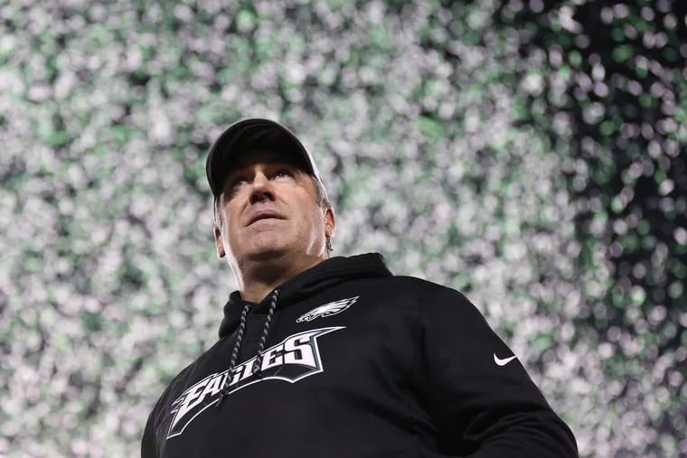 Doug Pederson, shown here with confetti raining down shortly after winning the NFC Championship, is the third coach to lead the Eagles to a Super Bowl. Will he be the first to win?