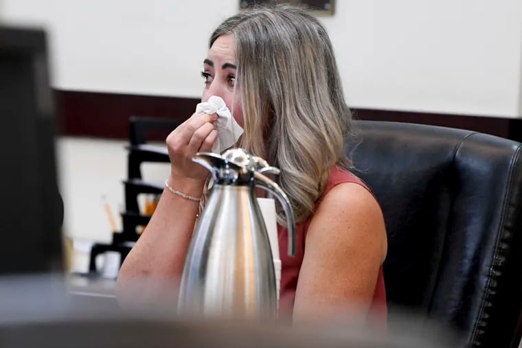 Former nurse RaDonda Vaught, convicted of negligent homicide after a patient's death from a hospital medication error, reacts to victim impact statements during her sentencing in Nashville on May 13, 2022.