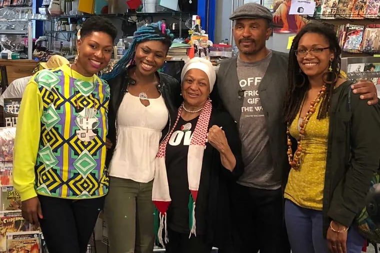 Shantrell Lewis, CIO of Shoppe Black; Ariell Johnson, owner of Amalgam Comics; Pam Africa, activist; Keba Konte, owner of Red Bay Coffee; and Blew Kind, owner of Franny Lou’s Porch at a coffee roundtable the day of Starbucks’ racial-bias training.