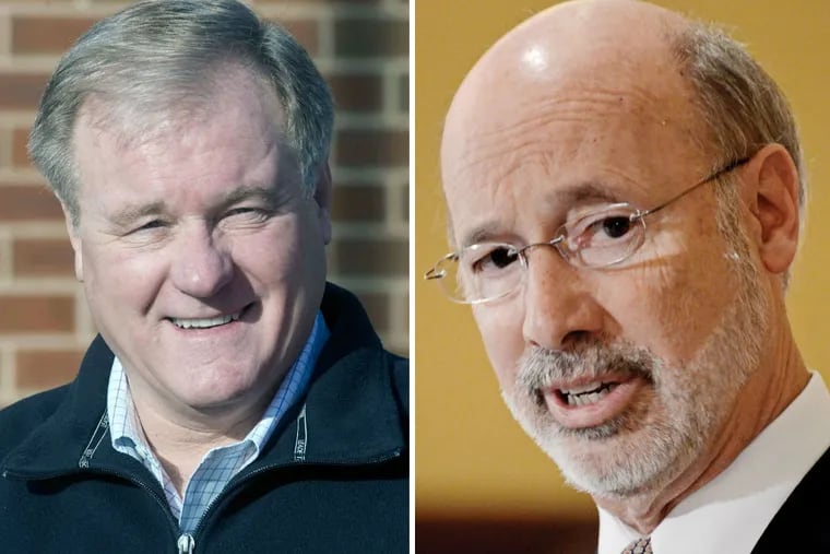 Republican state Sen. Scott Wagner, left, heads the Senate campaign committee and is looking to pick up enough seats this year to create a veto-proof chamber against Pennsylvania Gov. Tom Wolf, right.