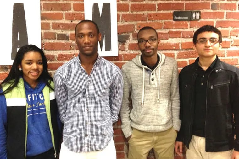 Four of the six high school students behind Workstream, the app that won the $5,000 prize at Switch Philly, are (from left) Zuliesuivie Ball, Iyasu Watts, Stephen Pettus, and Francisco Castellanos.