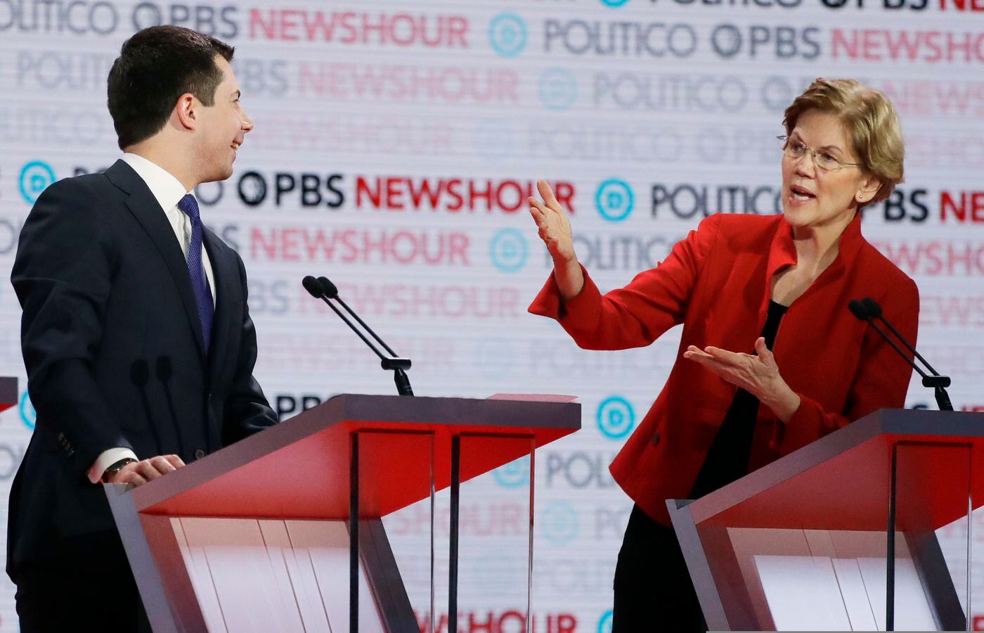 Sen. Elizabeth Warren of Massachusetts and Pete Buttigieg, mayor of South Bend, Ind., during last week's Democratic presidential debate in Los Angeles.