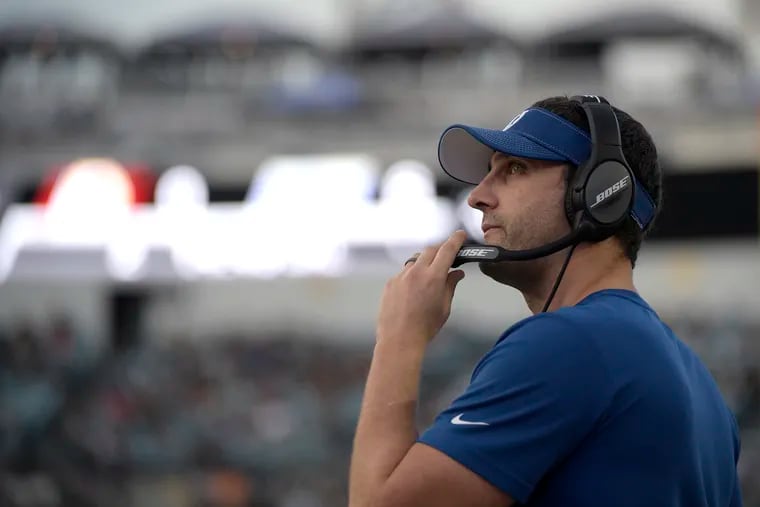 Indianapolis Colts offensive coordinator Nick Sirianni watches from the sideline during the first half of an NFL football game against the Jacksonville Jaguars Sunday, Dec. 29, 2019, in Jacksonville, Fla. (AP Photo/Phelan M. Ebenhack)