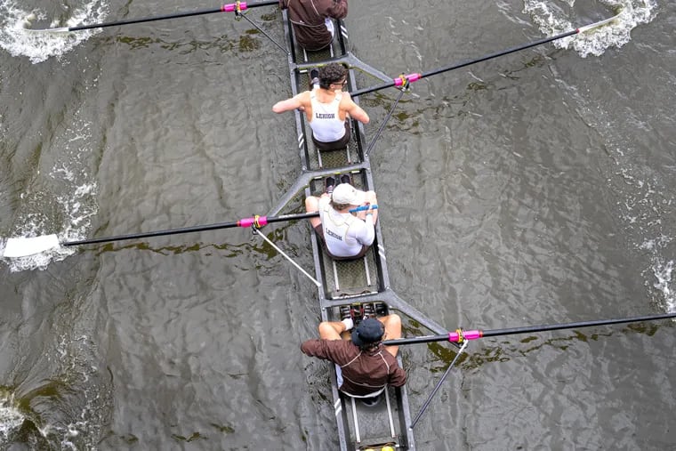 Lehigh University men’s rowing competes in the MV8 + time trail on Friday, May 10, 2024, during the Dad Vail Regatta at the Cooper River Park in Pennsauken, N.J.
