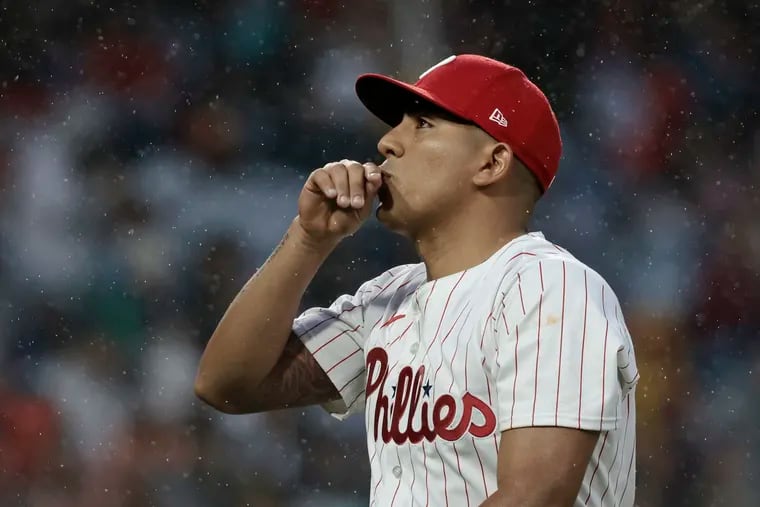 Phillies pitcher Ranger Suárez walks to the dugout after the first inning of the San Francisco Giants at Philadelphia Phillies MLB game at Citizens Bank Park in Philadelphia on Saturday, May 4, 2024.