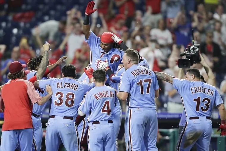 Phillies Maikel Franco celebrates his walk-off home run against the Marlins on Thursday.
