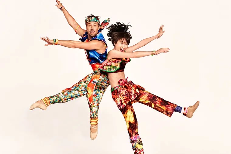 Dancers Matthew Dibble and Rika Okamoto in costume for &quot;Yowzie,&quot; the other new piece, which Tharp describes as &quot;the world as it is.&quot; &quot;Preludes and Fugues,&quot; she says, is &quot;the world as it ought to be.&quot; The Twyla Tharp 50th Anniversary Tour comes to the Annenberg Center on Friday, Saturday, and Sunday. (Credit: Ruven Afanador)