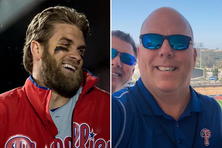 After Phillies slugger Bryce Harper struck out in the first inning during Tuesday night's win over the Nationals, announcer Tom McCarthy (right) roasted cheering Nationals fans.