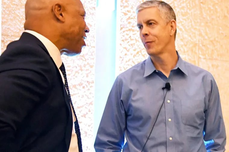 The School District of Philadelphia — headed by Superintendent Dr. William R. Hite (left) — banned suspensions for non-violent classroom misbehavior during the 2012-13 school year. Early in 2014, former Secretary of Education Arne Duncan (right) encouraged school districts to reduce suspensions.