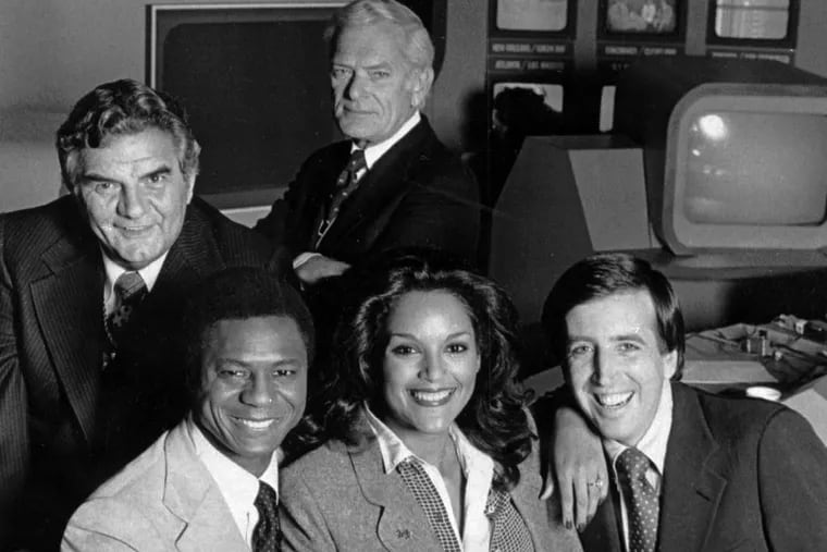 (From left) Jimmy "The Greek" Snyder, Jack Whitaker, Brent Musburger, Jayne Kennedy and Irv Cross.