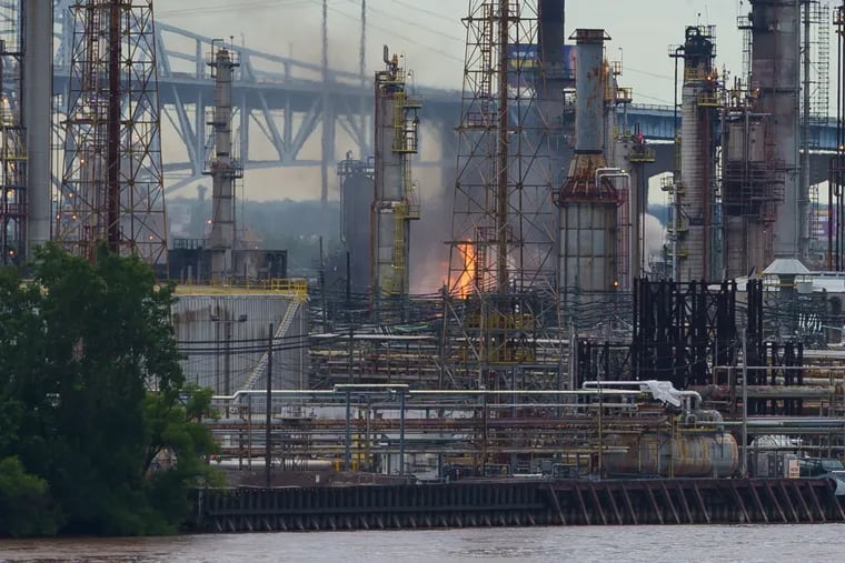 A view of the oil refinery, where a fire has been reported, in Philadelphia, June 21, 2019.