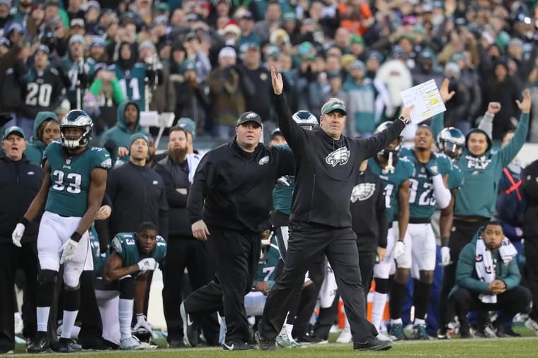 Eagles head coach Doug Pederson celebrates the game-winning field goal at the end of Sunday's win over the Houston Texans at Lincoln Financial Field.