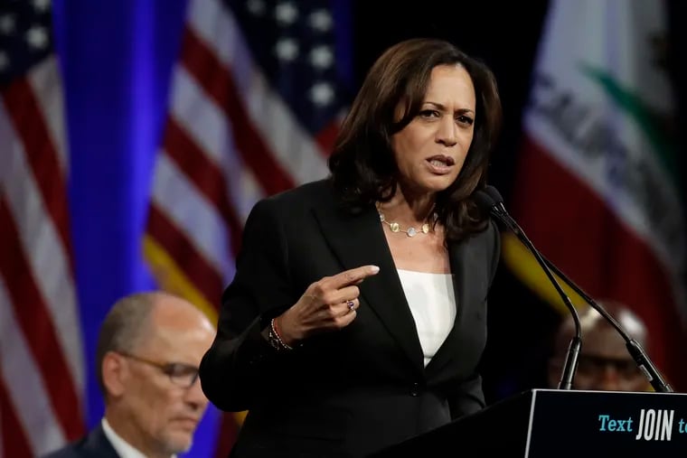 Democratic presidential candidate Sen. Kamala Harris, D-Calif., gestures while speaking at the Democratic National Committee's summer meeting Friday, Aug. 23, 2019, in San Francisco.  She has observed that “one disadvantage [of the job-based insurance 167 million of us currently have] is that it can cause some people to stay in jobs they don’t want.” (AP Photo/Ben Margot)