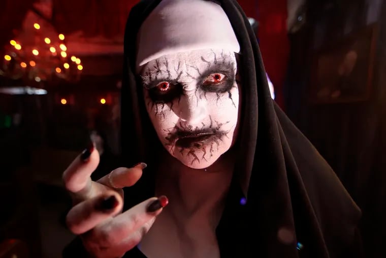 A nun, portrayed by Jennifer Lopez, welcomes folks into the chapel at the Fright Factory Philly haunted attraction, 2200 S. Swanson St. in Philadelphia.