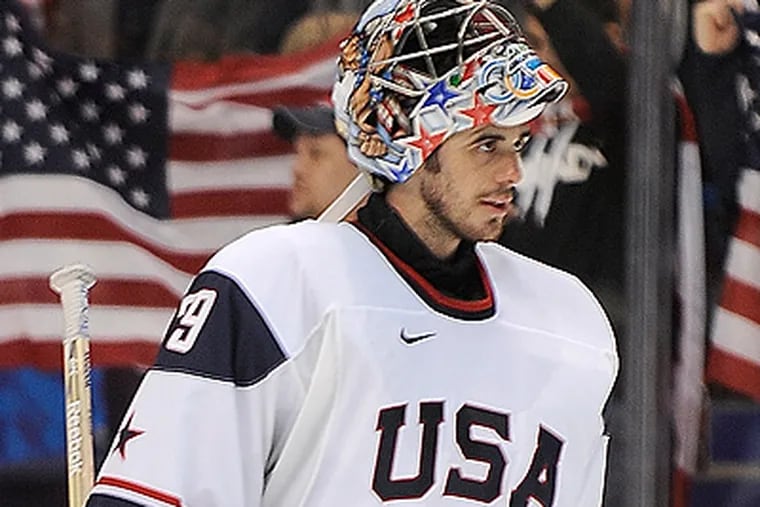 American goalie Ryan Miller after helping the USA team beat Norway 6-1.  (Clem Murray / Staff Photographer)
