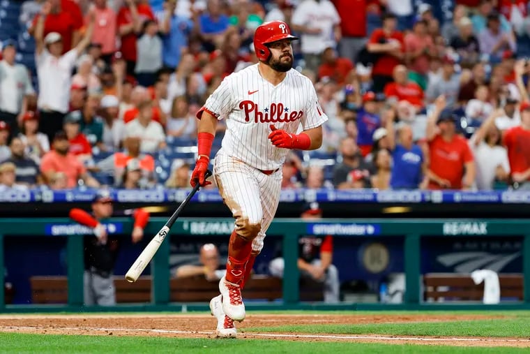 Kyle Schwarber of the Philadelphia Phillies hits a solo home run during the fourth inning against the Washington Nationals at Citizens Bank Park on Wednesday, July 6, 2022, in Philadelphia. (Tim Nwachukwu/Getty Images/TNS)