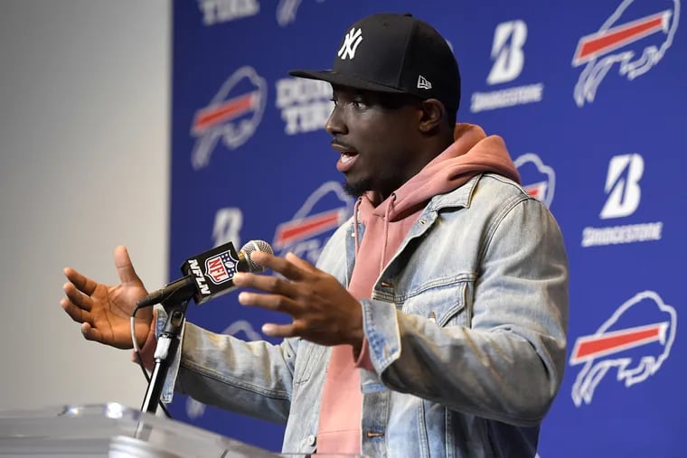 Buffalo Bills running back LeSean McCoy talks to reporters after an NFL football game, Sunday, Oct. 7, 2018, in Orchard Park, N.Y.