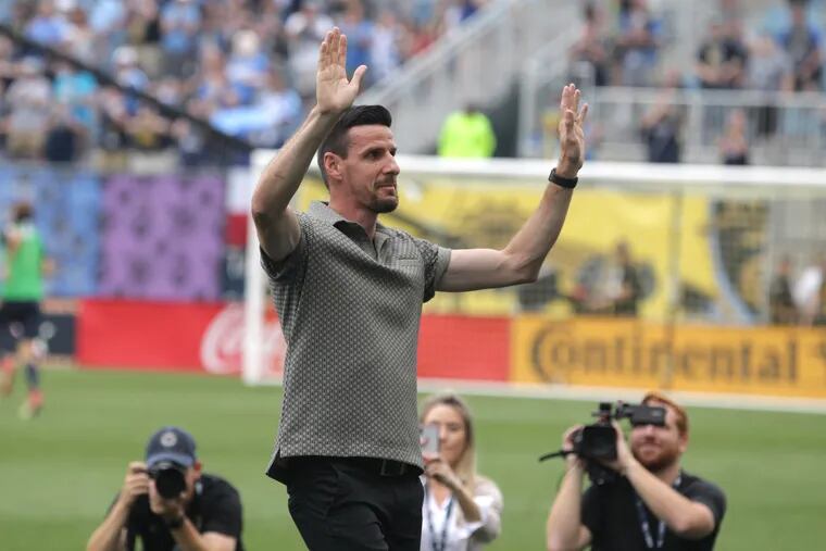 Sébastien Le Toux waves to fans at Talen Energy Stadium after being inducted into the Philadelphia Union's Ring of Honor.