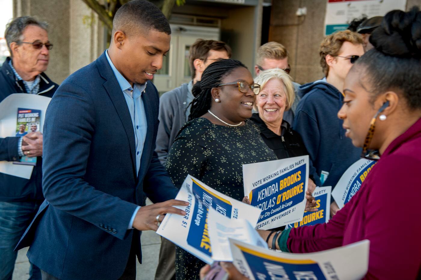 Working Families Party candidates for at-large City Council seats, Nicolas O'Rourke (left) and Kendra Brooks (center), hold a WFP rally outside the Northeast Regional Library at Cottman and Bustleton Avenues.