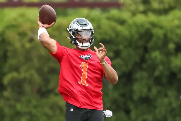 Eagles quarterback Jalen Hurts (1) throws the ball during OTAs as the NovaCare Complex in South Philadelphia on Friday, June 3, 2022.