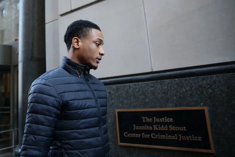 Michael White leaves the Stout Center for Criminal Justice after being sentenced to two years of probation for evidence tampering in Center City Philadelphia on Thursday, Jan. 9, 2020. White was earlier found guilty on the tampering charge but acquitted of voluntary manslaughter in the 2018 stabbing death of Sean Schellenger.