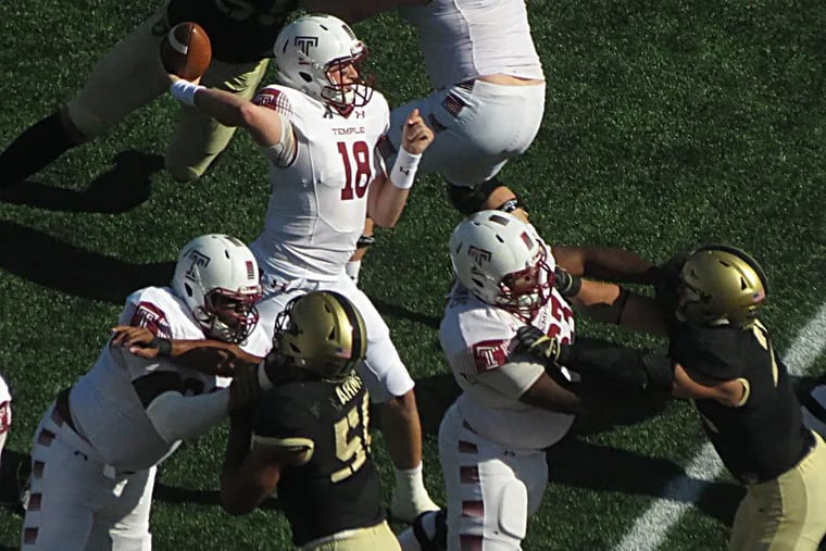 Gordon Thomas (63) blocking for QB Frank Nutile, made his first career start for Temple in Saturday's 31-28 OT loss at Army.