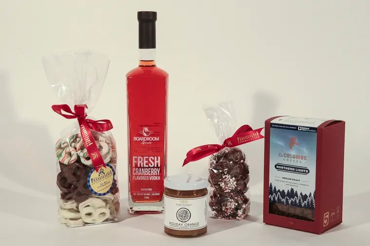 A short roundup of local gifts to bring to parties or to holiday visits (from left): pretzels, vodka, marmalade candies, and coffee.