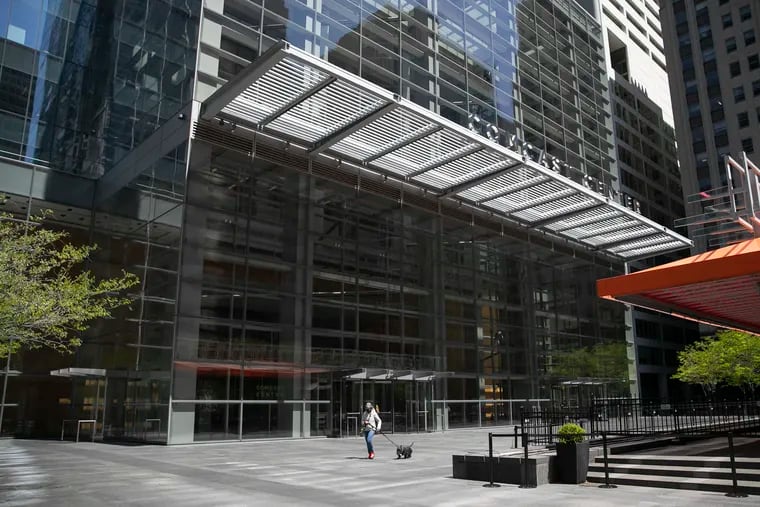 The plaza in front of the Comcast Center in April 2020. The company has planned an Oct. 18 reopening of its offices in Center City. Life has changed with the pandemic, with many employees still working remotely.