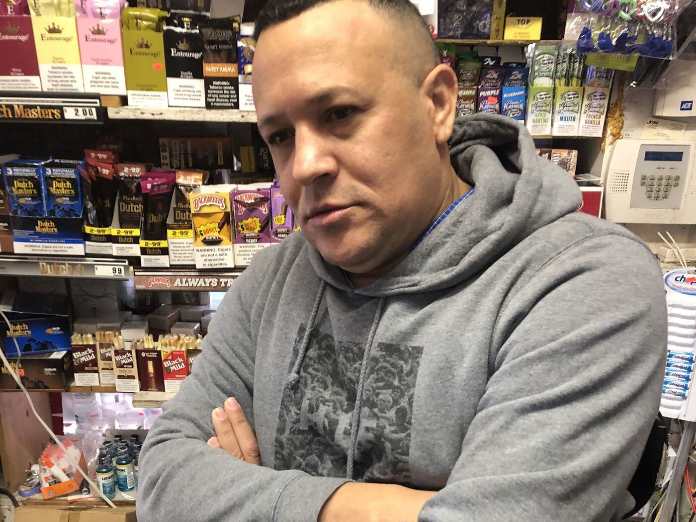Elvis Nuñez, owner of the 54th & Wyalusing Food Market, where he shot and killed a robber March 14, 2019. Photo taken March 18.