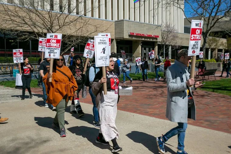 Professors, part-time lecturers, and graduate students strike at Rutgers University in Newark, N.J., Monday, April 10, 2023. The unions representing 9,000 faculty and graduate student workers went on strike for the first time in over 250 years.