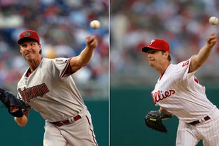 In a matchup of 40-something lefthanders, Arizona&#0039;s Randy Johnson (left) shut out the Phillies on one hit in six innings of work. Jamie Moyer (right) pitched into the eighth but allowed three home runs and left trailing, 4-0. The Phils scored three in the ninth, but the rally ended when Ryan Howard lined into a double play.