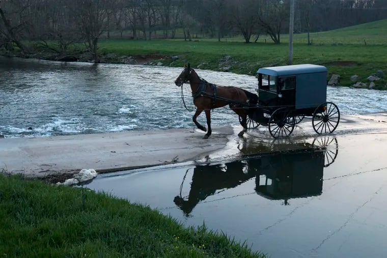 FILE - An Amish buggy crosses Cocalico Creek near Rothsville, Pa. at dusk Wednesday, April 18, 2018.