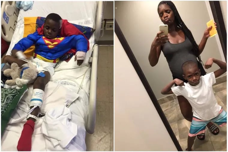 Left, Mahaj Brown, then 6, as he recovered from 10 stray bullet wounds. Right, Mahaj and his mother, LaPrea Brown, today.
