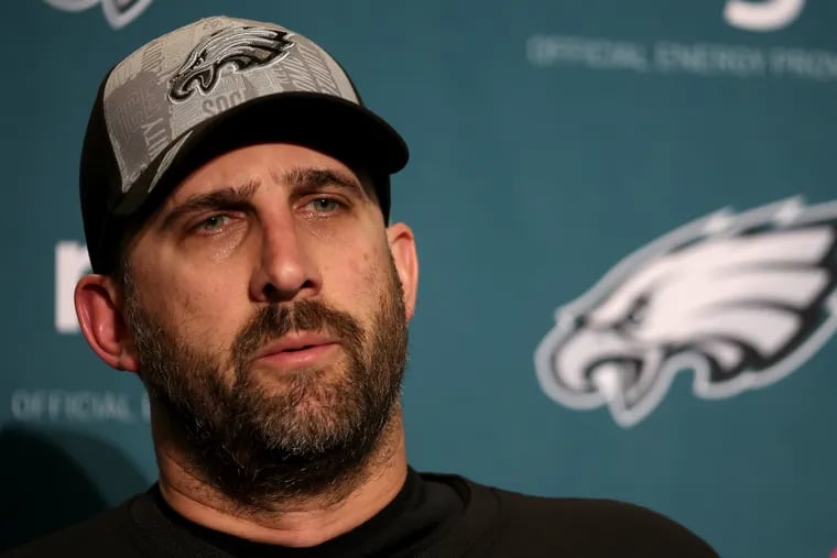 Eagles coach Nick Sirianni speaks during the press conference after the 20-17 loss to the Seattle Seahawks.